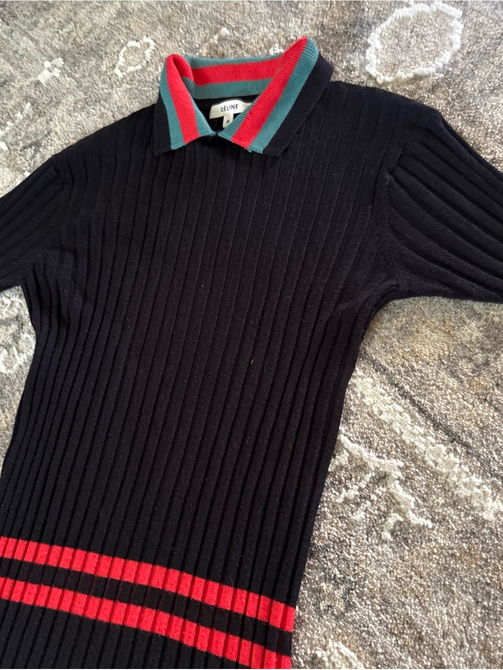 Celine Black Ribbed Polo Midi Dress with Red and Yellow Stripes - Picture 11 of 16